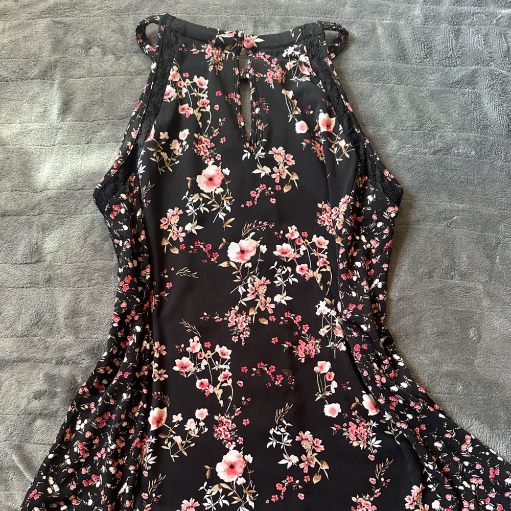 White House Black Market Black and Pink Floral Top with Lace Detailing